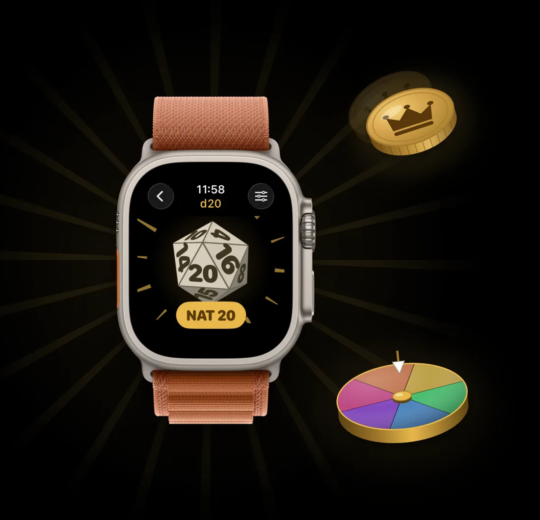 Apple Watch showing DoomRoll rolling a natural 20 on a d20, with a gold crown coin and a colourful spinner wheel